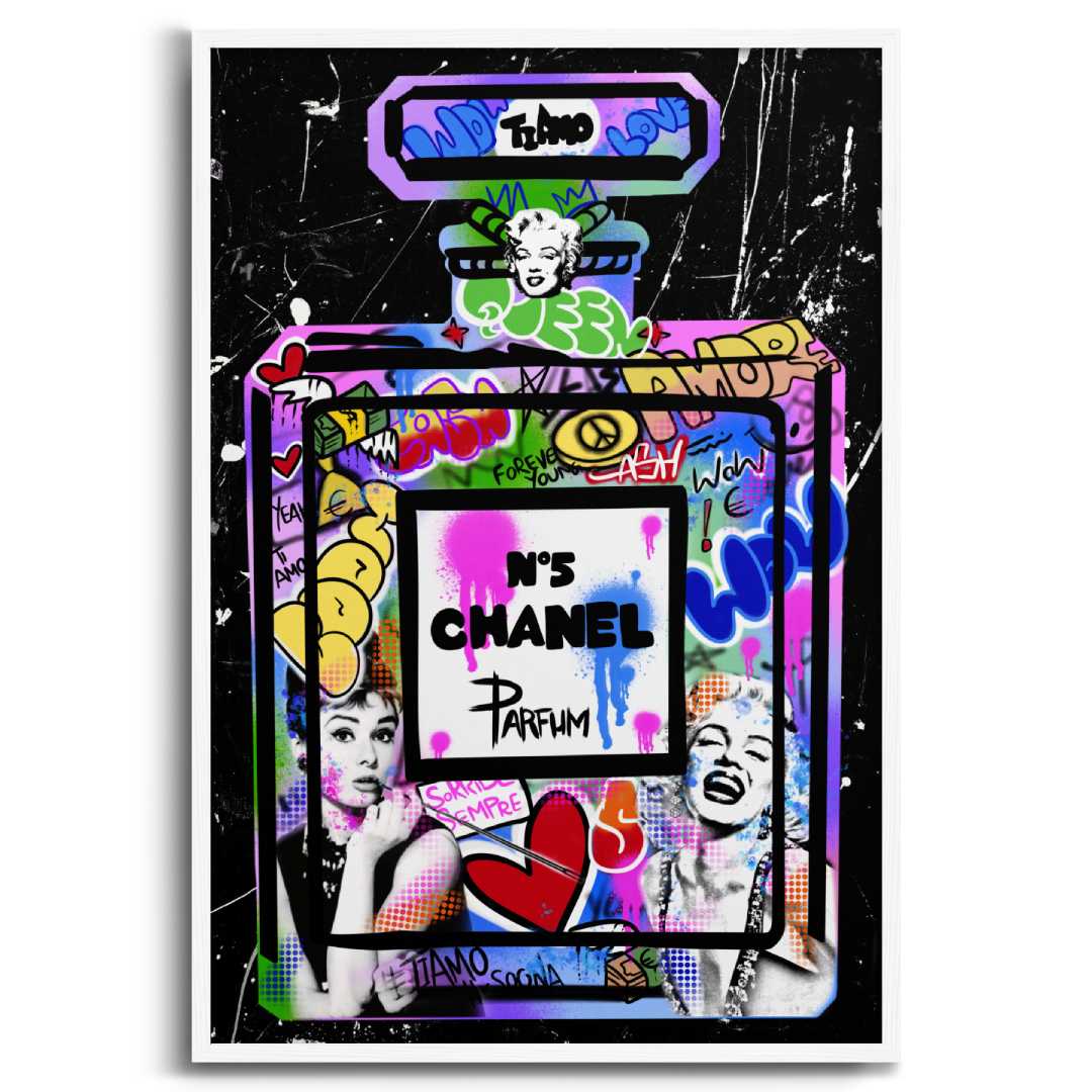 quadro moderno chanel n5 pop art graffiti marilyn monroe audrey hepburn cornice bianca sfondo bianco