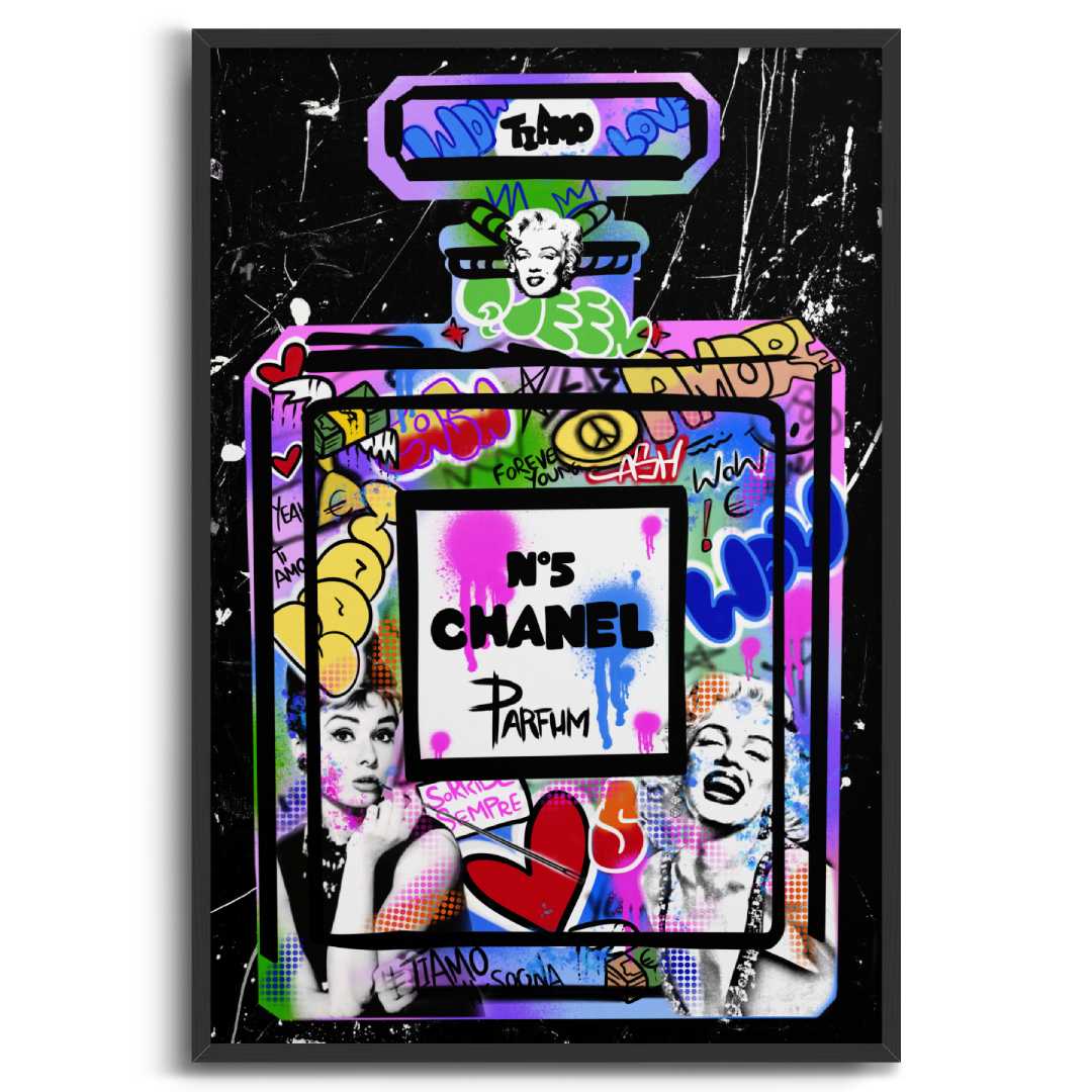quadro moderno chanel n5 pop art graffiti marilyn monroe audrey hepburn cornice nera sfondo bianco