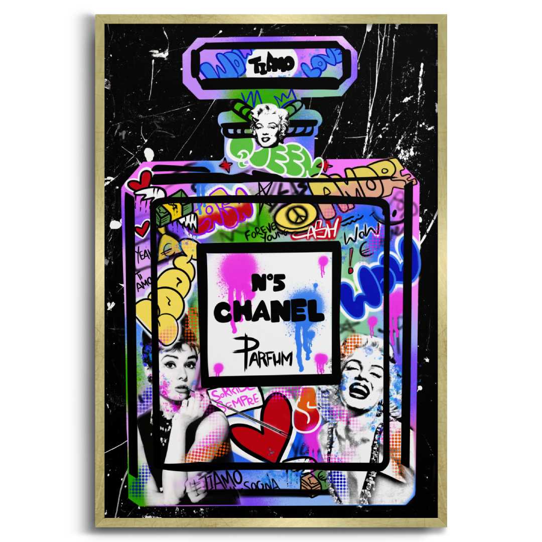 quadro moderno chanel n5 pop art graffiti marilyn monroe audrey hepburn cornice oro sfondo bianco