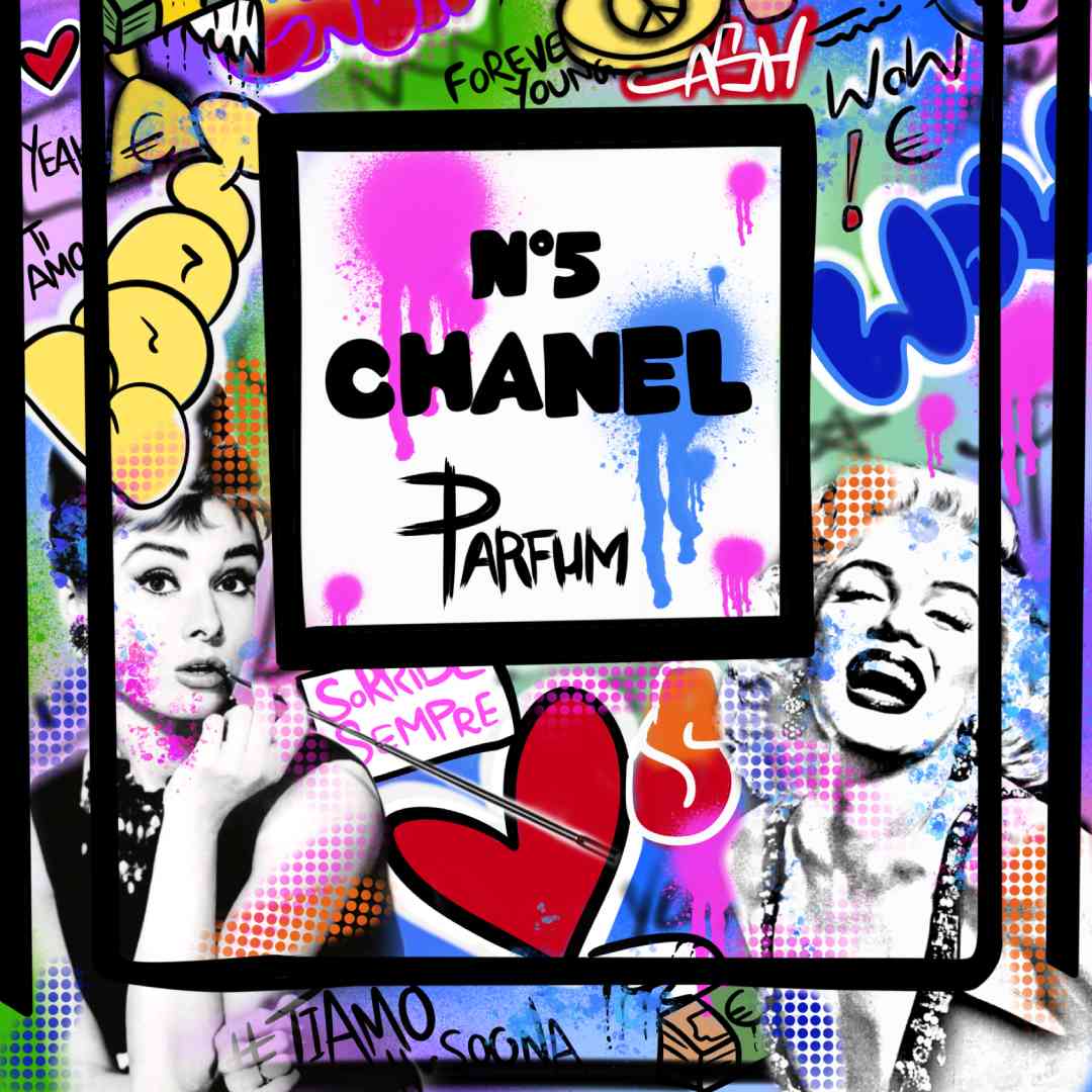 quadro moderno chanel n5 pop art graffiti marilyn monroe audrey hepburn dettaglio tela