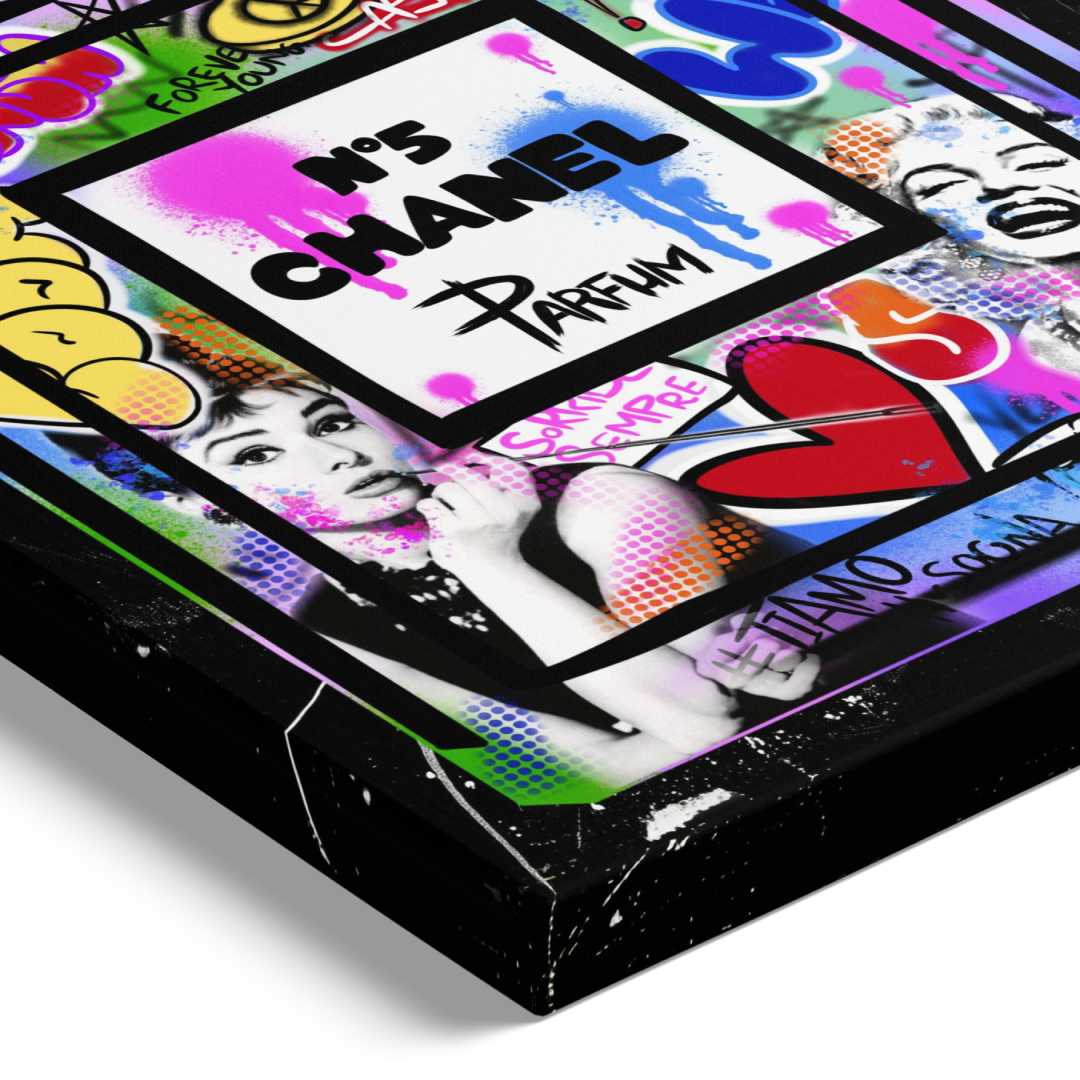 quadro moderno chanel n5 pop art graffiti marilyn monroe audrey hepburn dettaglio telaio sfondo bianco