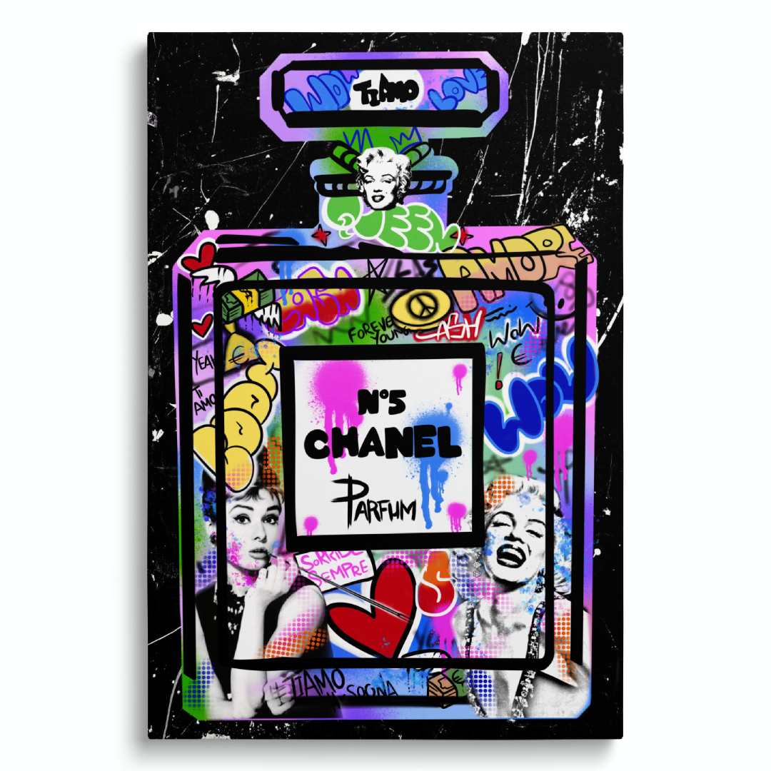 quadro moderno chanel n5 pop art graffiti marilyn monroe audrey hepburn sfondo bianco