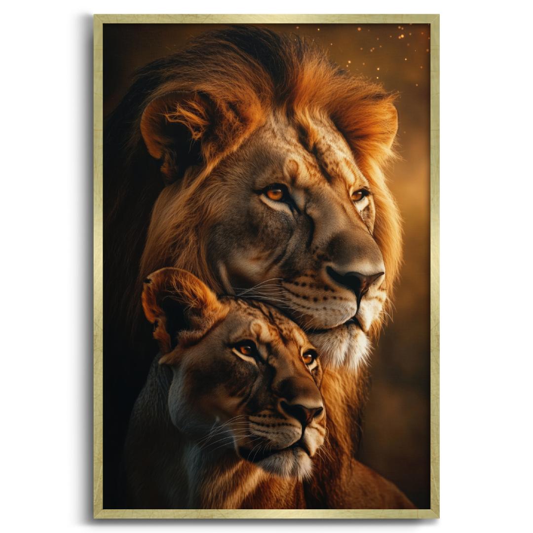 quadro moderno leoni coppia marito moglie leone leonessa cornice oro sfondo bianco