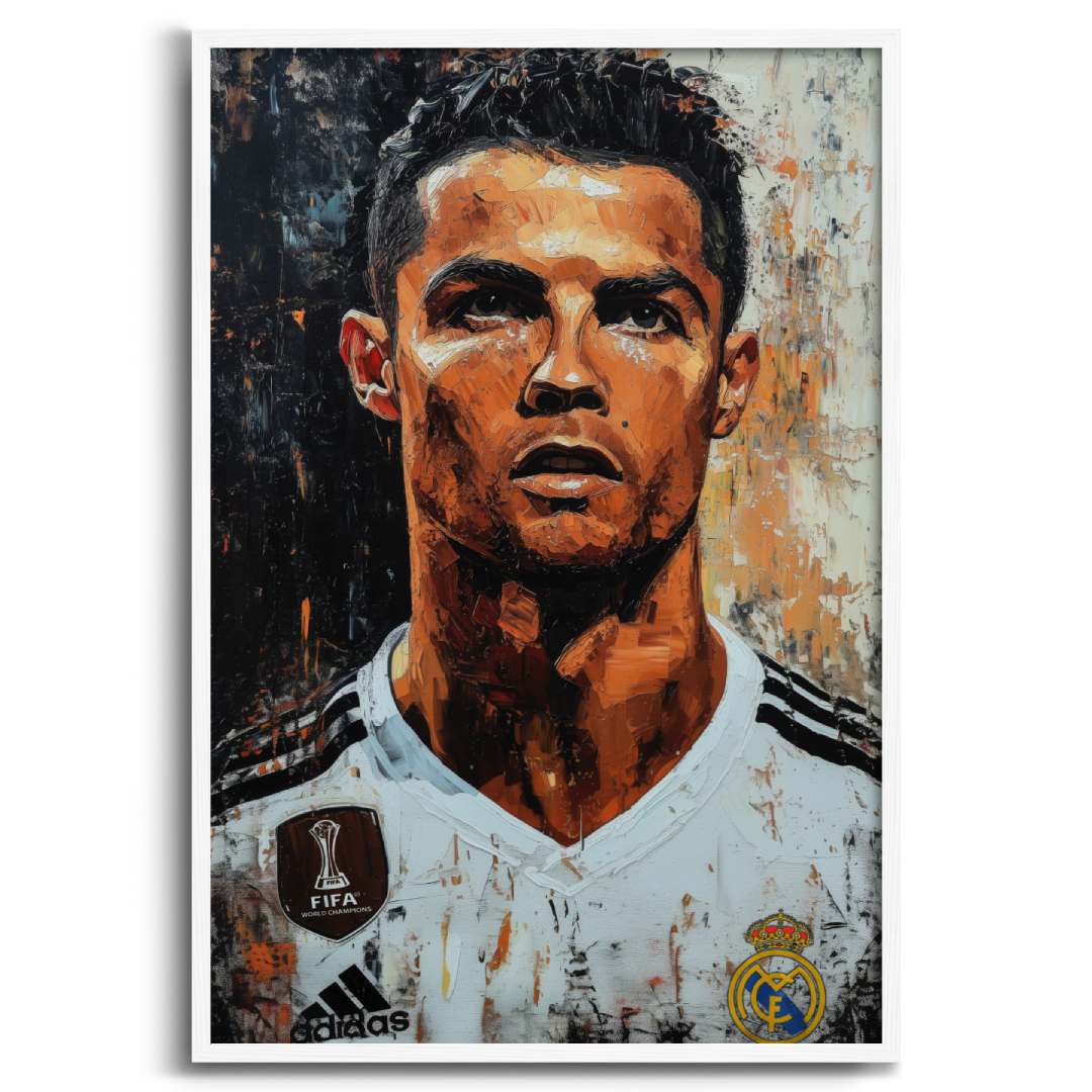 Stampa su tela moderna con cornice  bianca di Cristiano ronaldo CR7 real madrid calciatore, su sfondo bianco