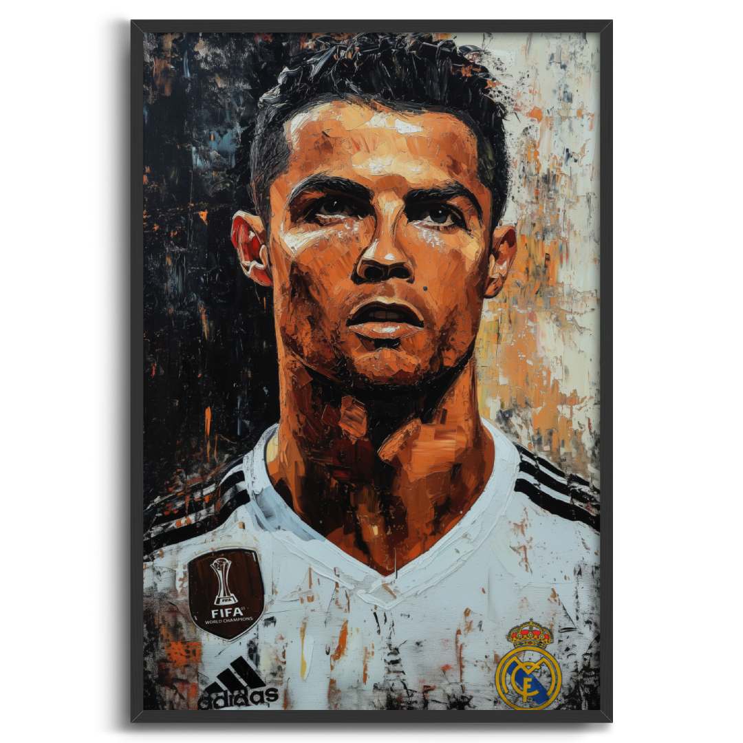 Stampa su tela moderna con cornice  nera di Cristiano ronaldo CR7 real madrid calciatore, su sfondo bianco