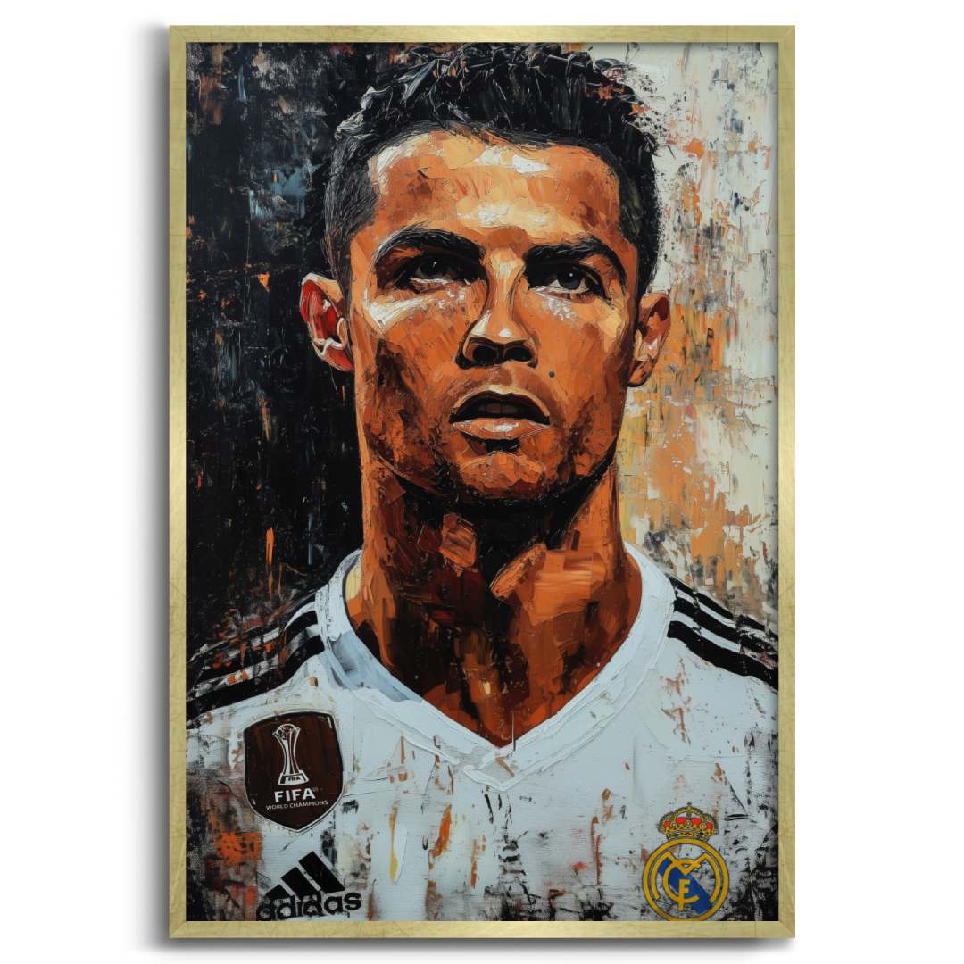 Stampa su tela con cornice oro moderna di Cristiano ronaldo CR7 real madrid calciatore, su sfondo bianco