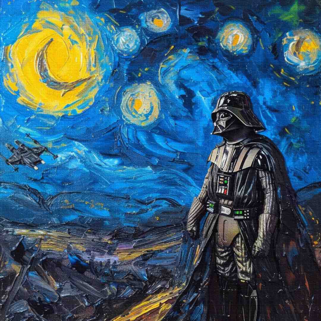 Dettaglio di stampa su tela moderna con darth vader disegnato all'interno della notte stellata di van gogh reintrepretata