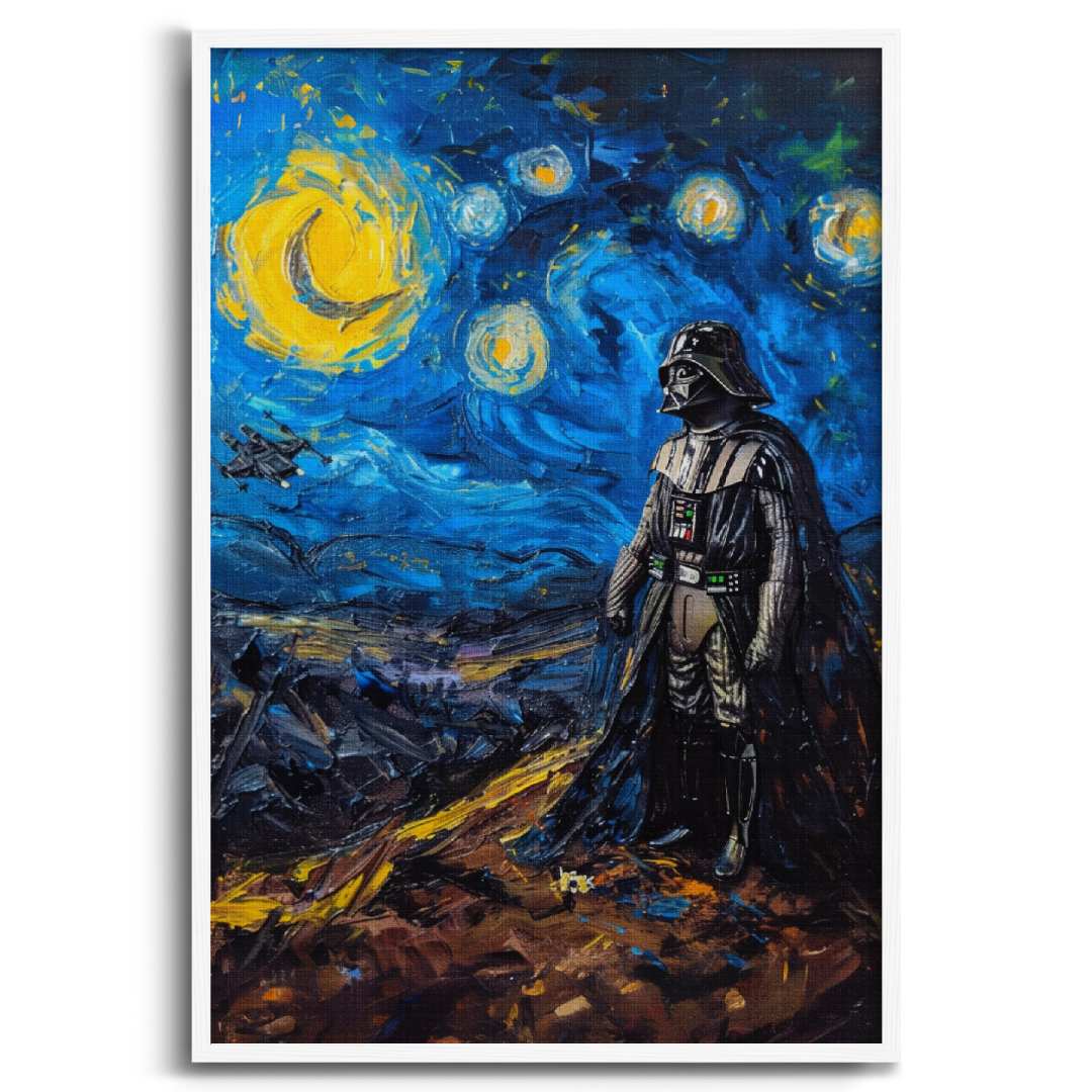 Tela moderna con darth vader disegnato all'interno della notte stellata di van gogh reintrepretata, cornice bianca e sfondo bianco