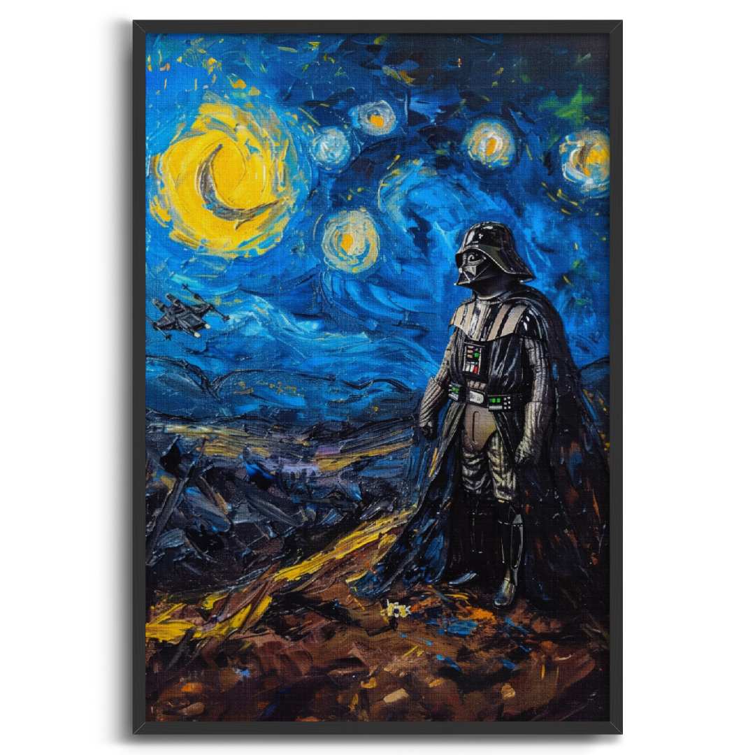 Tela moderna con darth vader disegnato all'interno della notte stellata di van gogh reintrepretata, cornice nera e sfondo bianco