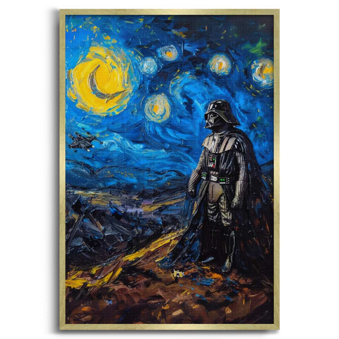 Tela moderna con darth vader disegnato all'interno della notte stellata di van gogh reintrepretata, cornice oro e sfondo bianco