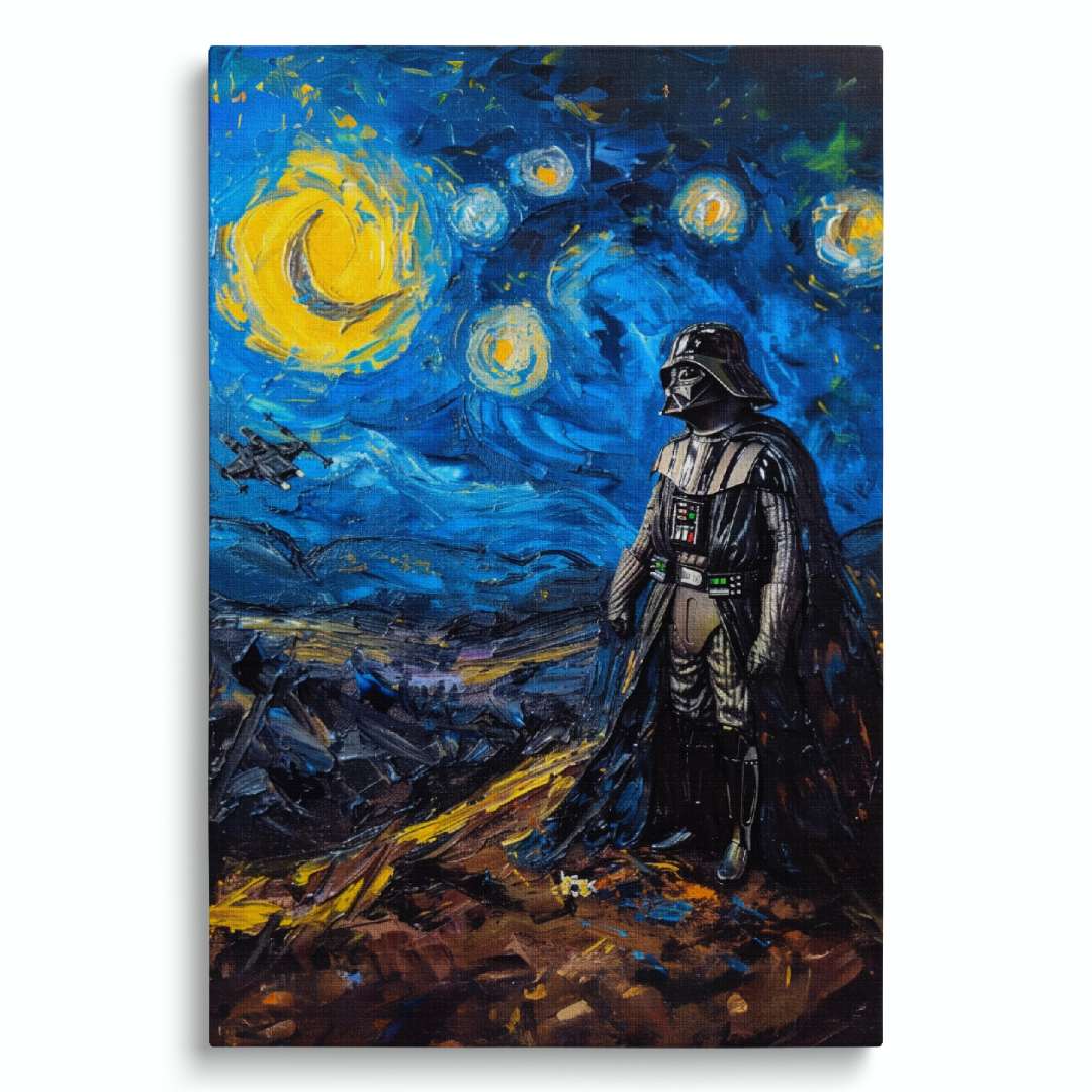 stampa su tela moderna con darth vader disegnato all'interno della notte stellata di van gogh reintrepretata, su sfondo bianco