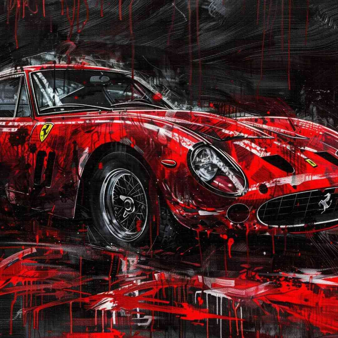 dettaglio di stampa su tela moderna di una Ferrari 250 GTO in stile astratto-contemporaneo, colori rosso e nero