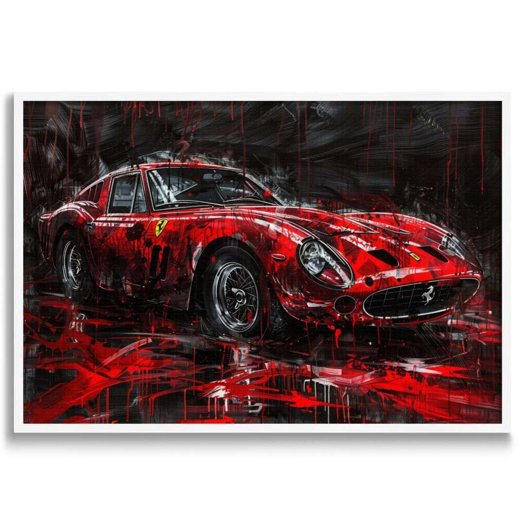 tela moderna di una Ferrari 250 GTO in stile astratto-contemporaneo, colori rosso e nero, cornice bianca e sfondo bianco.