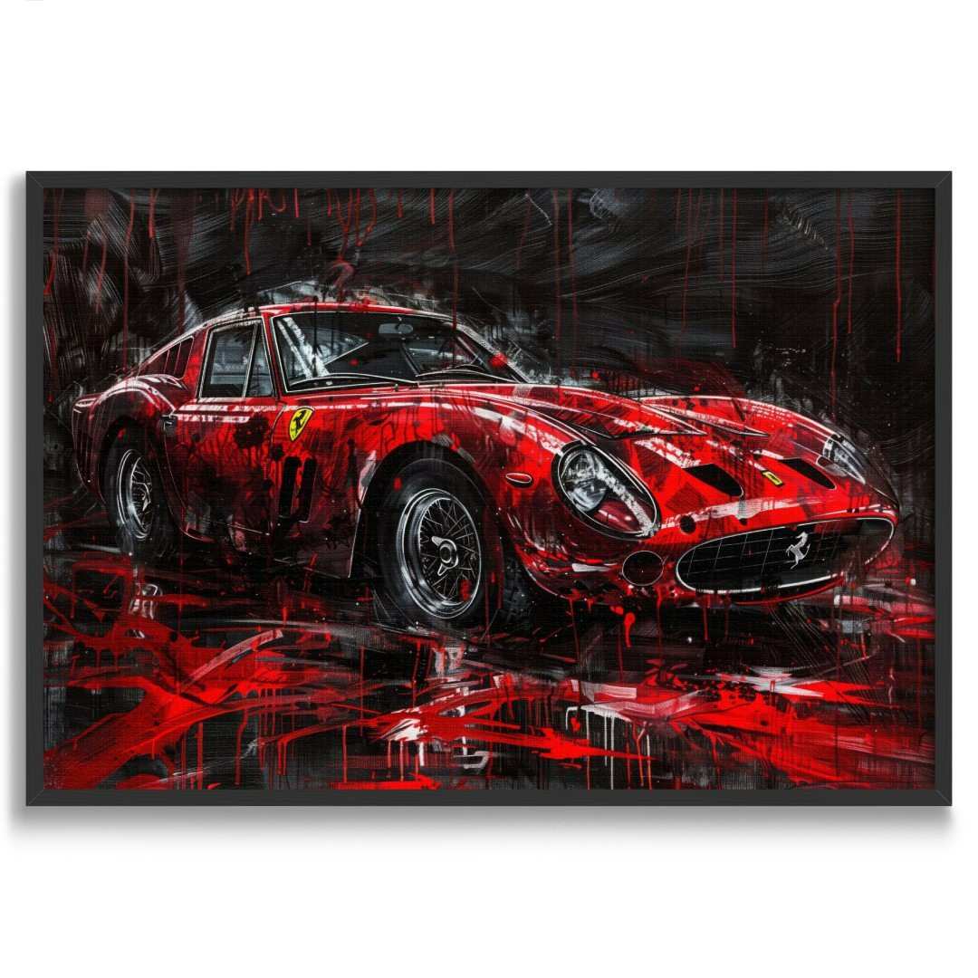 tela moderna di una Ferrari 250 GTO in stile astratto-contemporaneo, colori rosso e nero, cornice nera e  sfondo bianco.