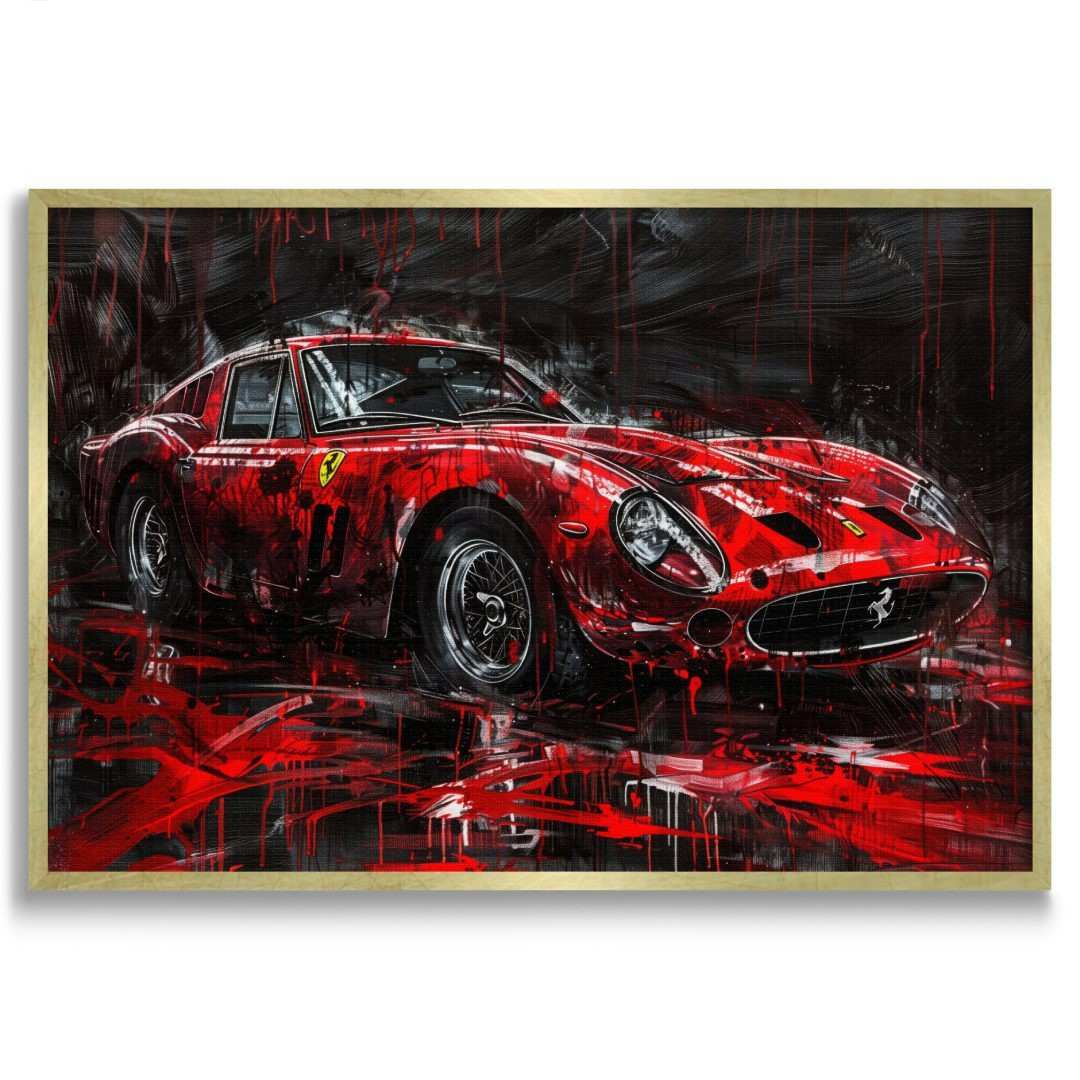 tela moderna di una Ferrari 250 GTO in stile astratto-contemporaneo, colori rosso e nero, cornice oro e  sfondo bianco.