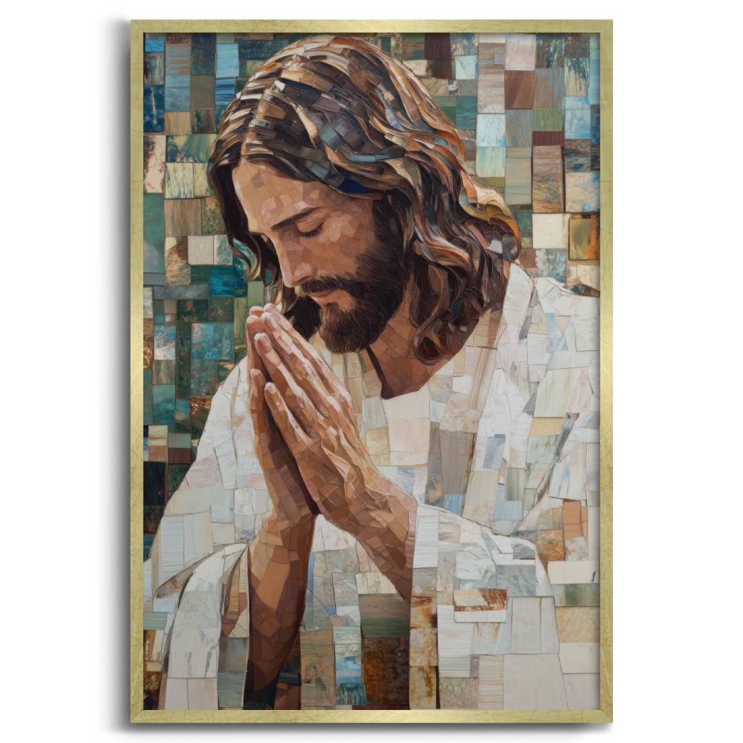 quadro moderno gesu cristiano preghiera cornice oro sfondo bianco