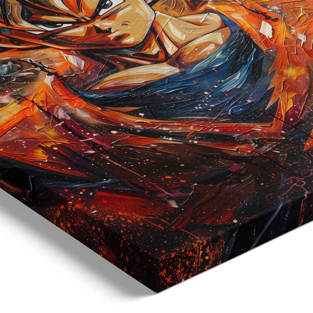 stampa su tela moderna con goku dragon ball dipinto cona aria di sfida, sfondo bianco laterale telaio