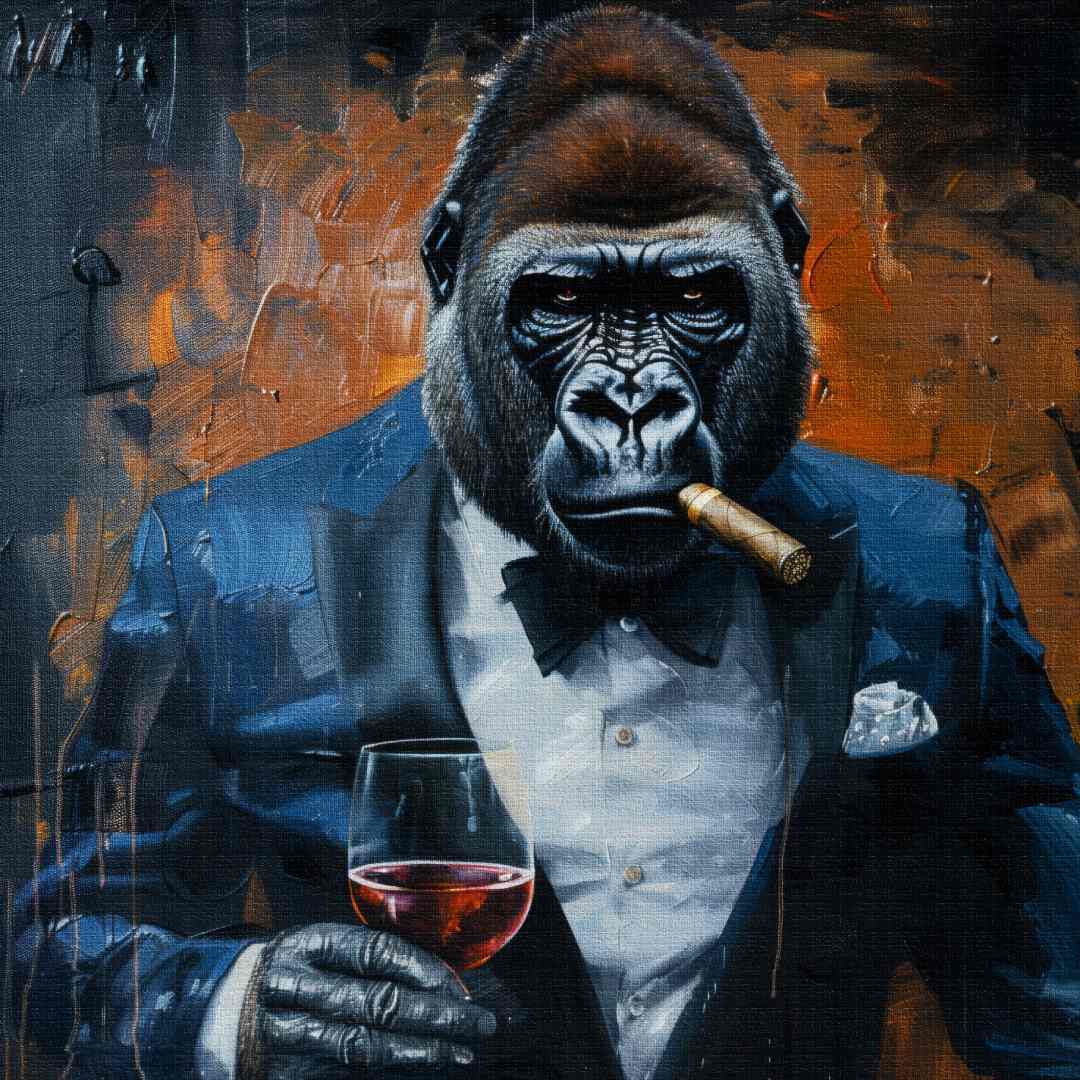 Dettaglio di stampa su tela moderna di un gorilla businessman, che fuma un sigaro con sguardo serio, su sfondo bianco