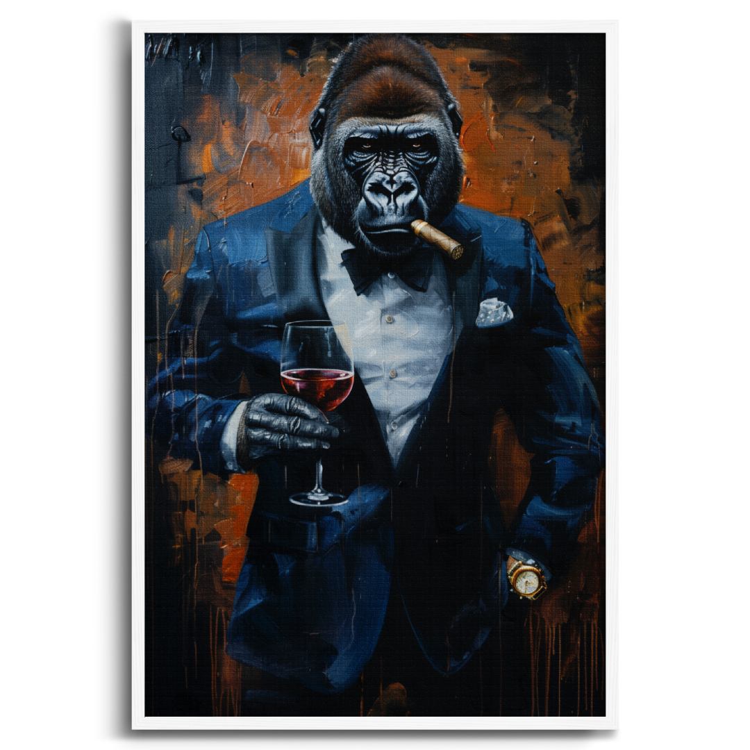 Stampa su tela moderna di un gorilla businessman, che fuma un sigaro con sguardo serio, cornice bianca e sfondo bianco