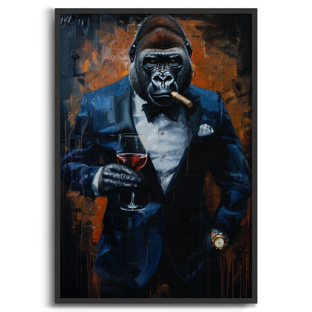 Stampa su tela moderna di un gorilla businessman, che fuma un sigaro con sguardo serio, cornice nera e sfondo bianco