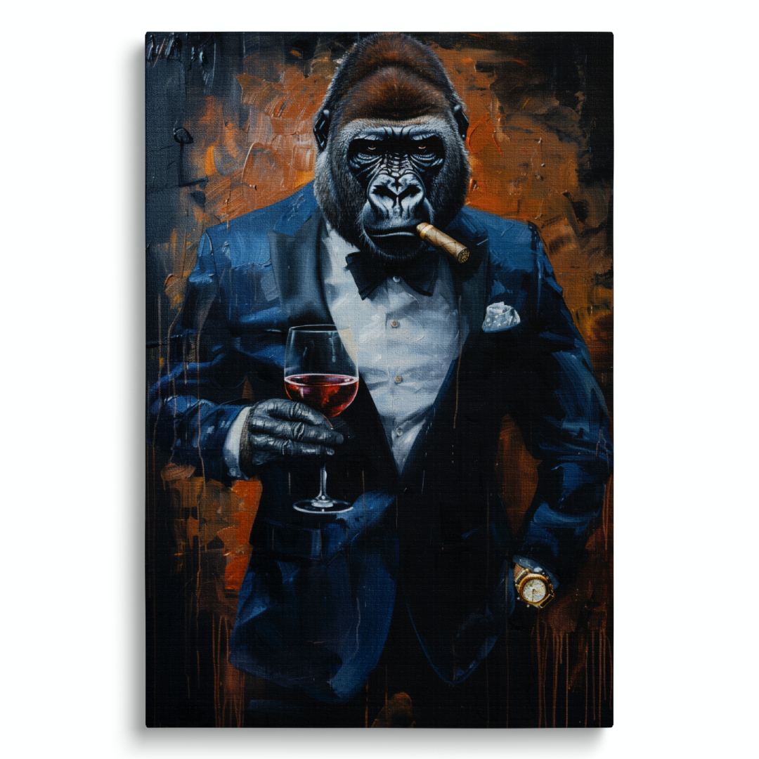 Stampa su tela moderna di un gorilla businessman, che fuma un sigaro con sguardo serio, su sfondo bianco