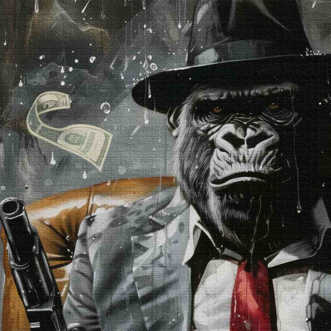 Dettaglio di Stampa su tela moderna di un gorilla gangster con una pistola, con scritta 'the world is yours'