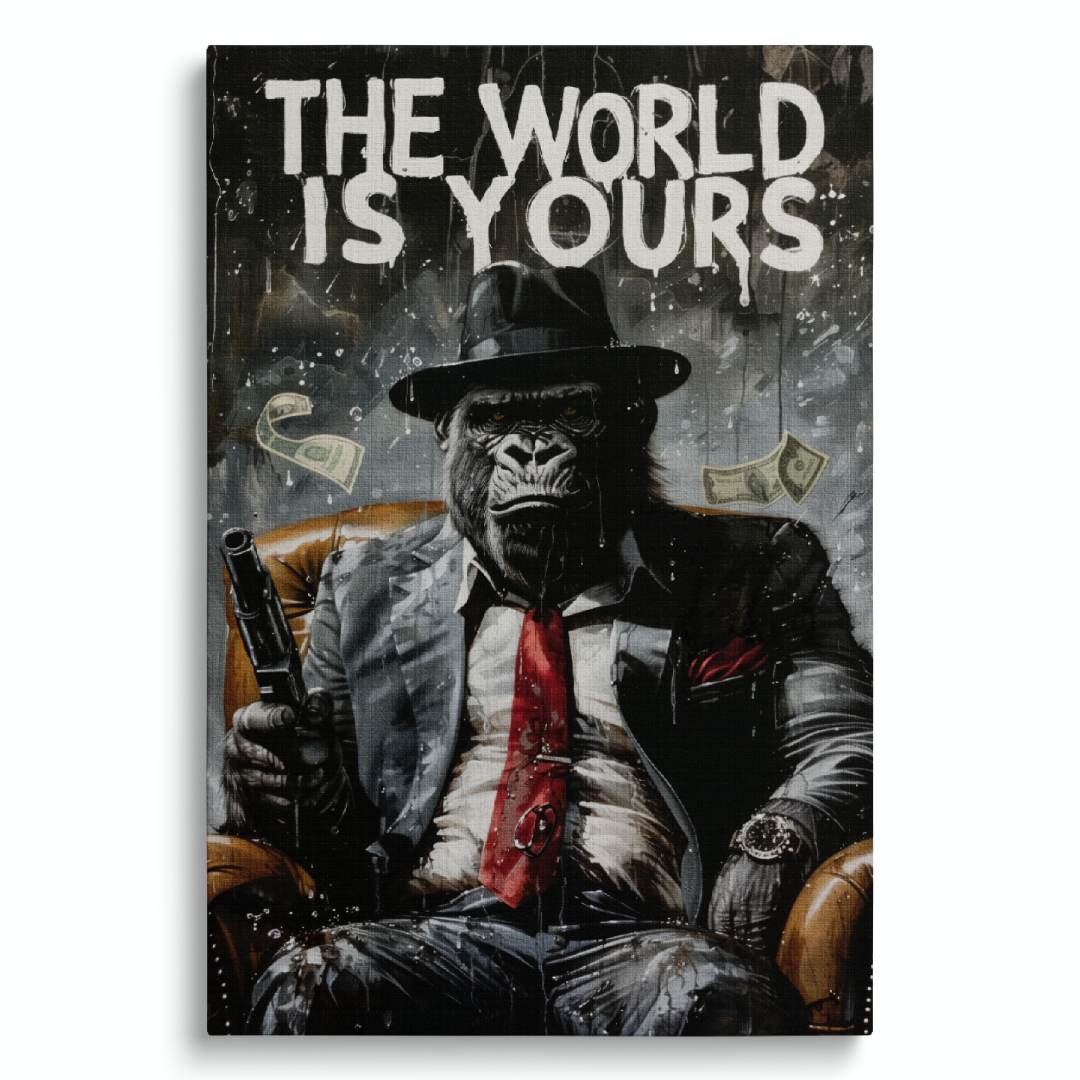 Stampa su tela moderna di un gorilla gangster con una pistola, con scritta 'the world is yours', su sfondo bianco