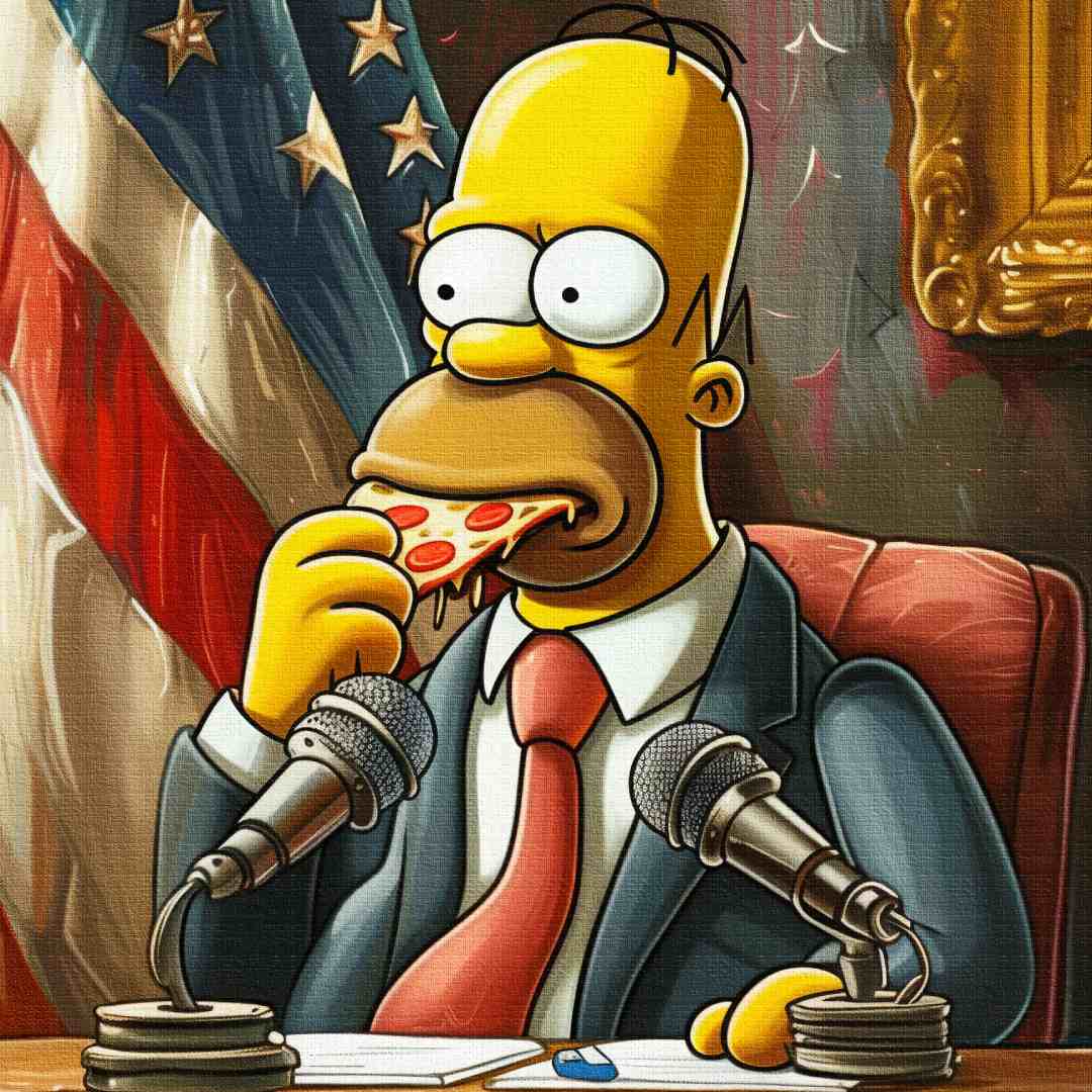 Dettaglio di Modello accanto a tela pop art con Homer Simpson presidente USA, seduto a una conferenza mentre mangia una pizza