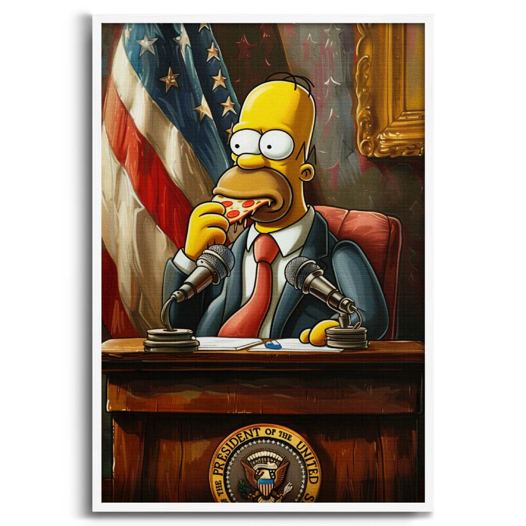 Tela pop art su tela con Homer Simpson presidente USA, seduto a una conferenza mentre mangia una pizza, con cornice bianca e sfondo bianco