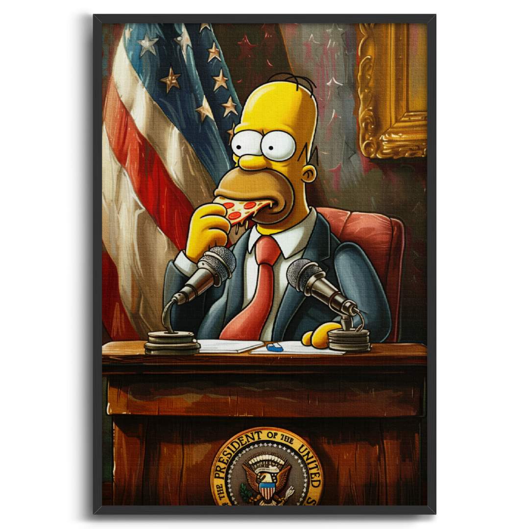 Tela pop art su tela con Homer Simpson presidente USA, seduto a una conferenza mentre mangia una pizza, con cornice nera e sfondo bianco