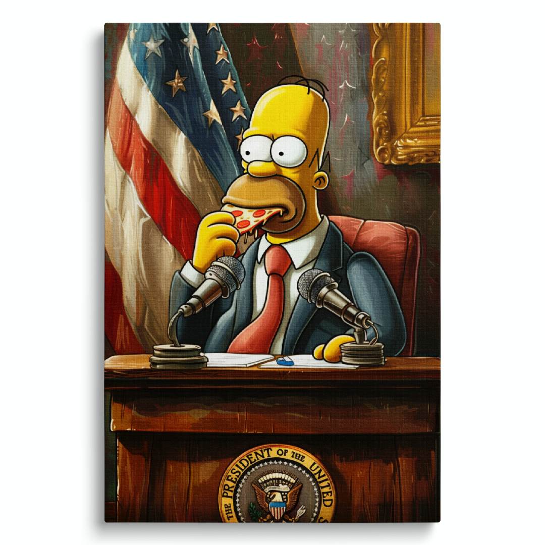 stampa su tela pop art su tela con Homer Simpson presidente USA, seduto a una conferenza mentre mangia una pizza, su sfondo bianco