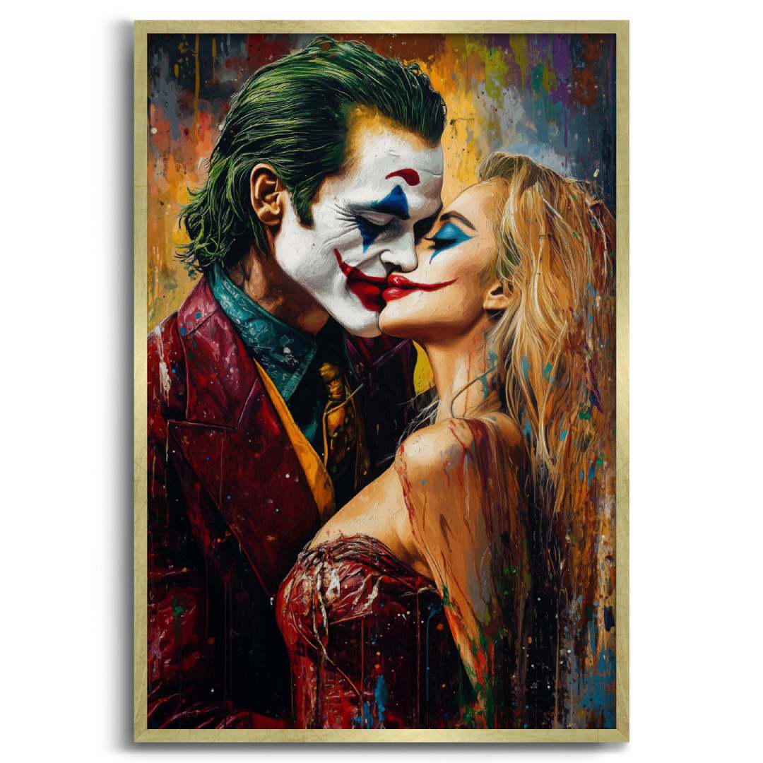 stampa su tela moderna di joker bacia harley quinn in joker 2, colori vivaci, su sfondo bianco, cornice oro