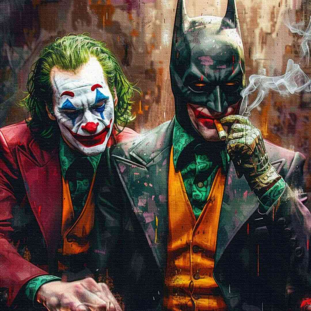 Dettaglio di una stampa su tela pop art di joker e batman che fumano ad un bar