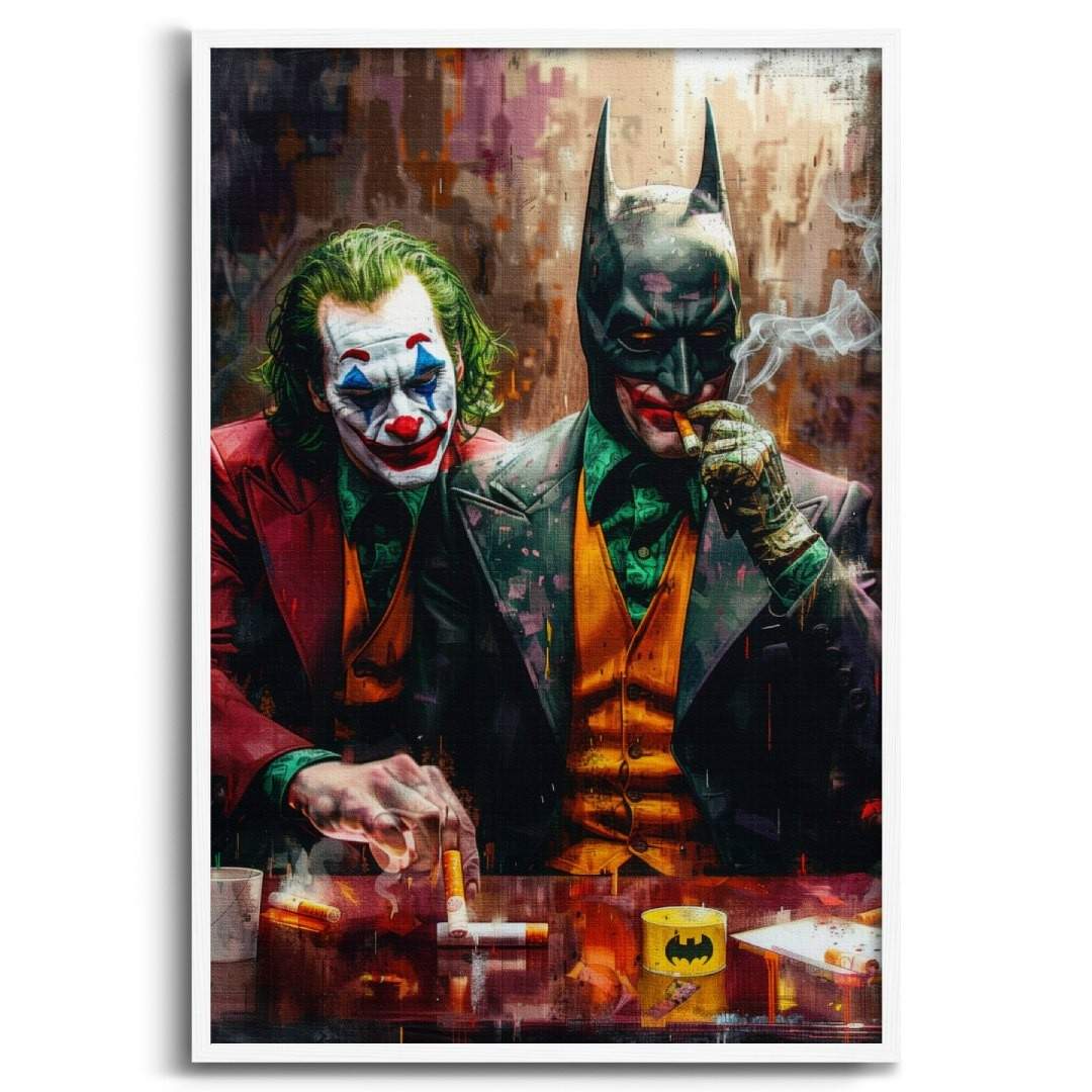 stampa su tela pop art di joker e batman che fumano ad un bar, cornice bianca, sfondo bianco