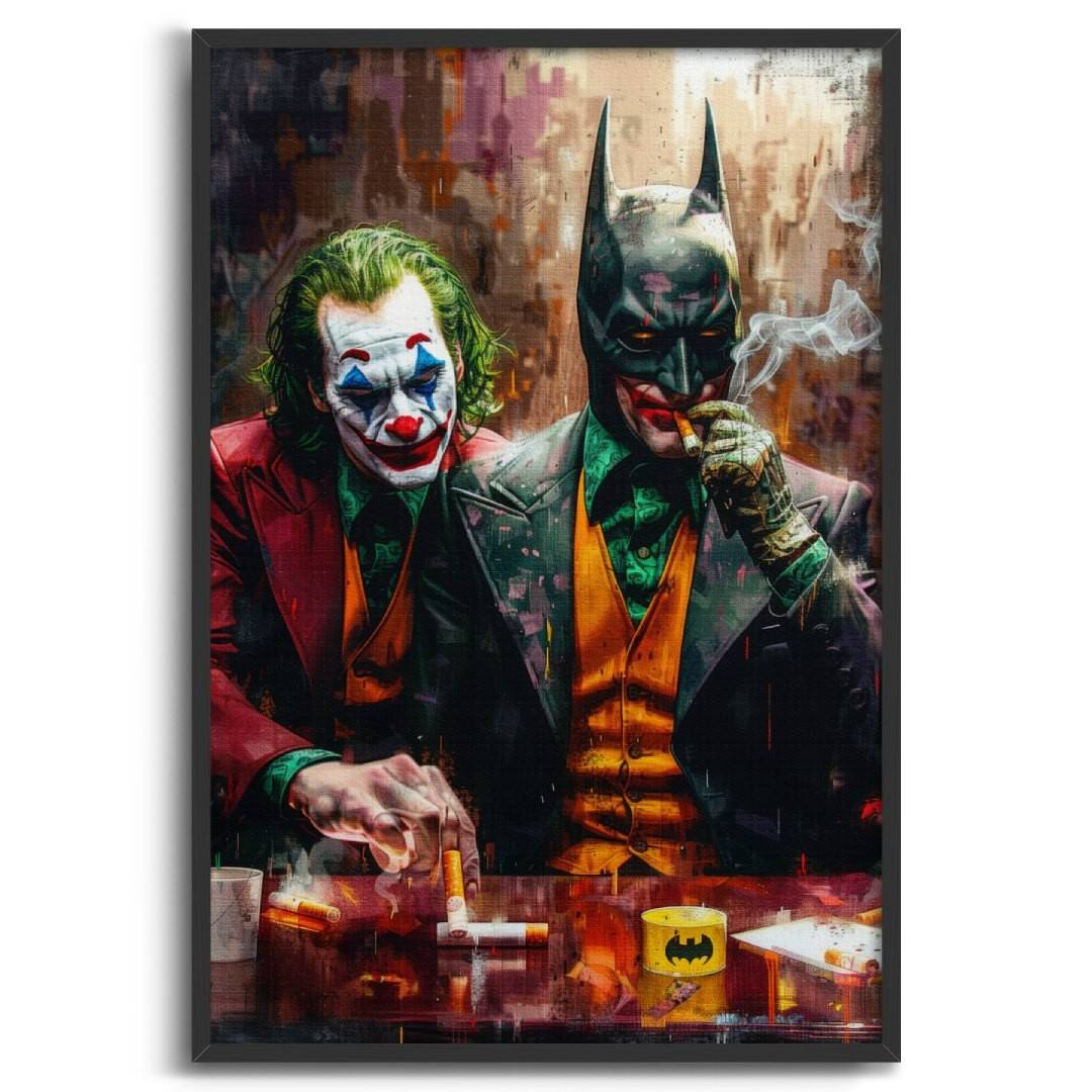 stampa su tela pop art di joker e batman che fumano ad un bar, cornice nera, sfondo bianco