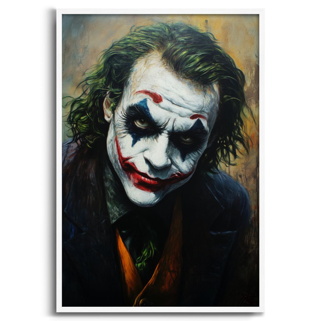 stampa su tela moderna joker cavaliere oscuro heath ledger  sfondo bianco cornice bianca