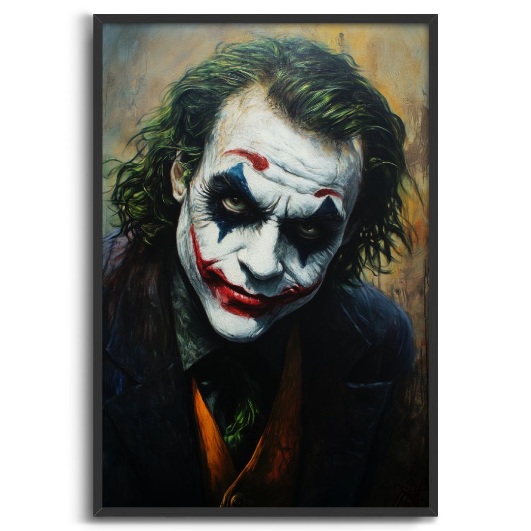 stampa su tela moderna joker cavaliere oscuro heath ledger  sfondo bianco cornice nera