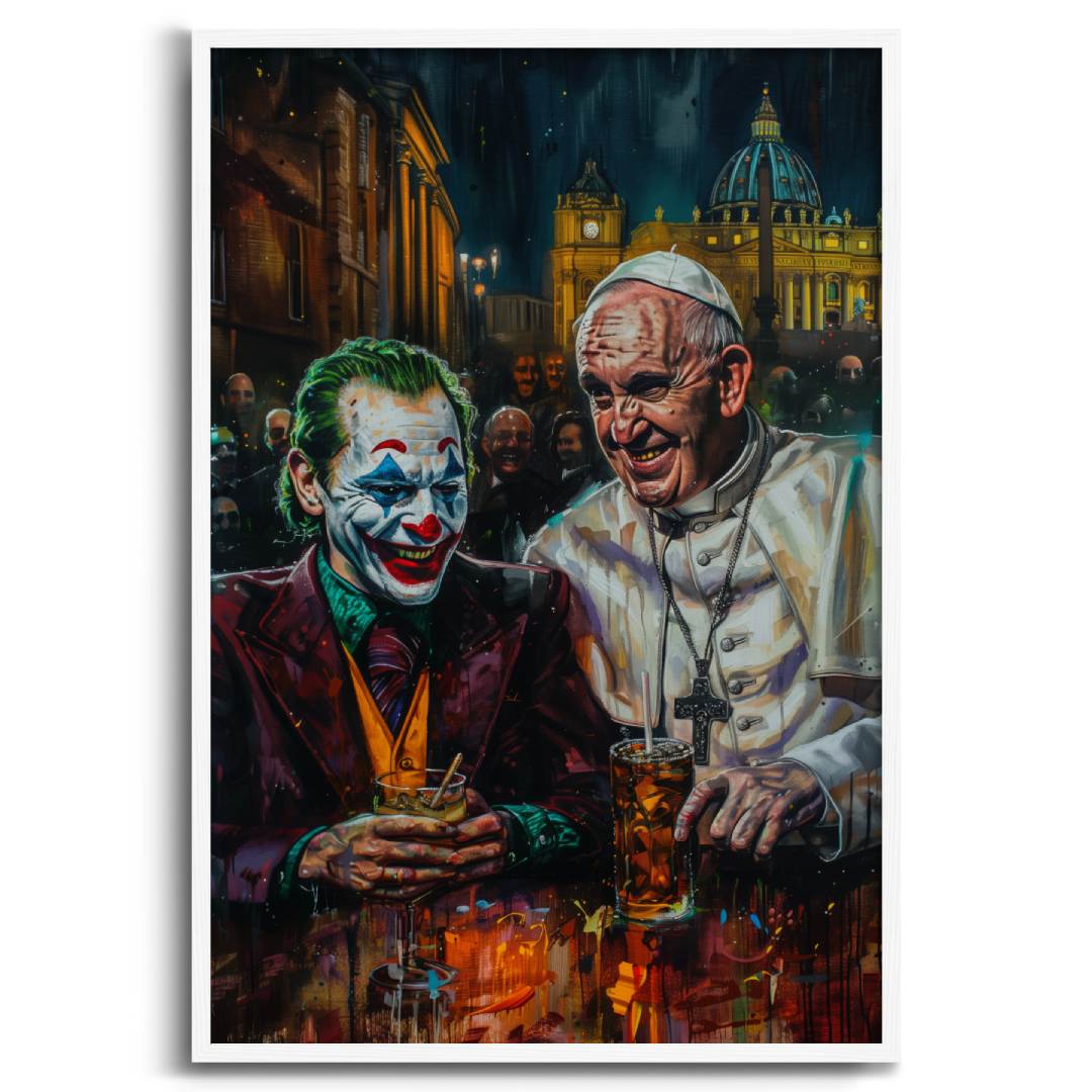 stampa su tela pop art con Joker e papa francesco bevono al bar a roma in piazza san pietro, su sfondo bianco con cornice bianca