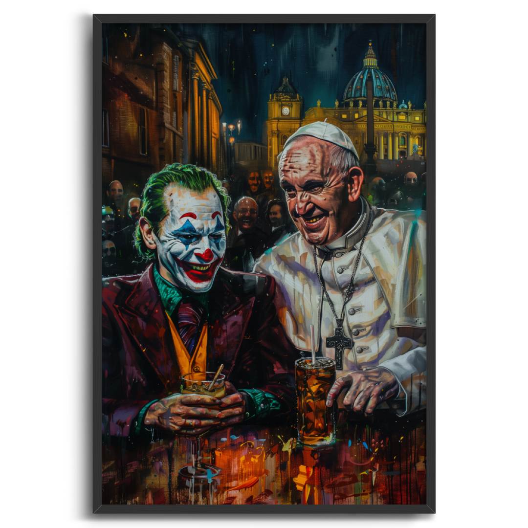 stampa su tela pop art con Joker e papa francesco bevono al bar a roma in piazza san pietro, su sfondo bianco con cornice nera