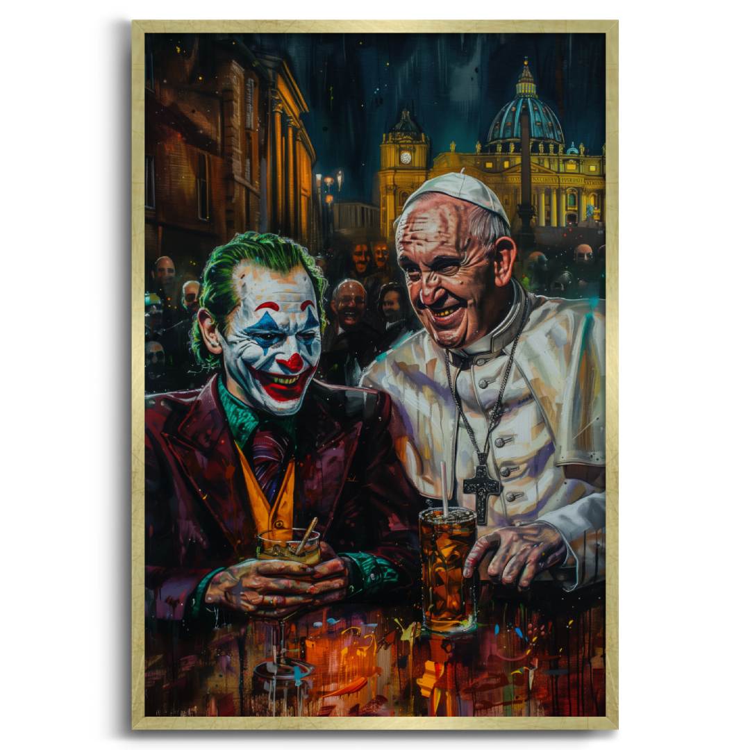 stampa su tela pop art con Joker e papa francesco bevono al bar a roma in piazza san pietro, su sfondo bianco con cornice oro