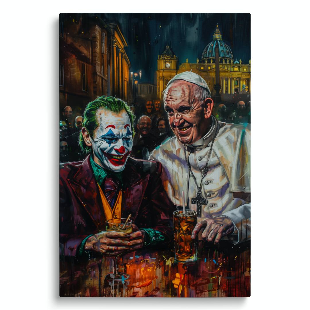 stampa su tela pop art con Joker e papa francesco bevono al bar a roma in piazza san pietro, su sfondo bianco