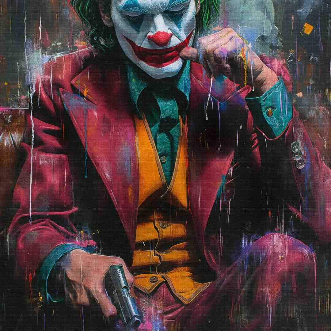 dettaglio di stampa su tela contemporanea pop art di joker pensieroso con in mano una pistola