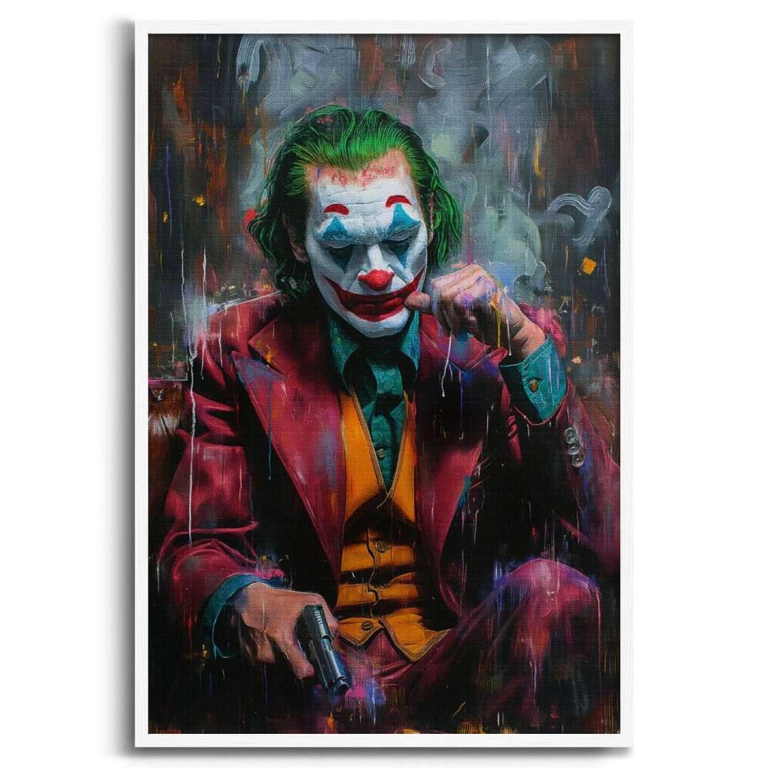 stampa su tela contemporanea pop art di joker pensieroso con in mano una pistola, cornice bianca e sfondo bianco