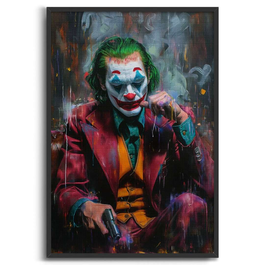 stampa su tela contemporanea pop art di joker pensieroso con in mano una pistola, cornice nera e sfondo bianco