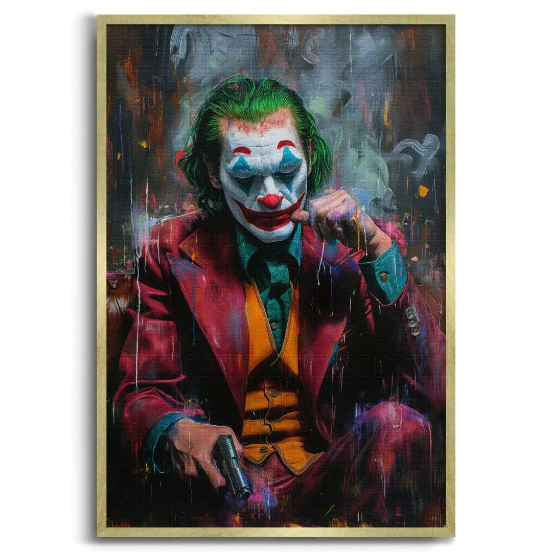 stampa su tela contemporanea pop art di joker pensieroso con in mano una pistola, cornice oro e sfondo bianco