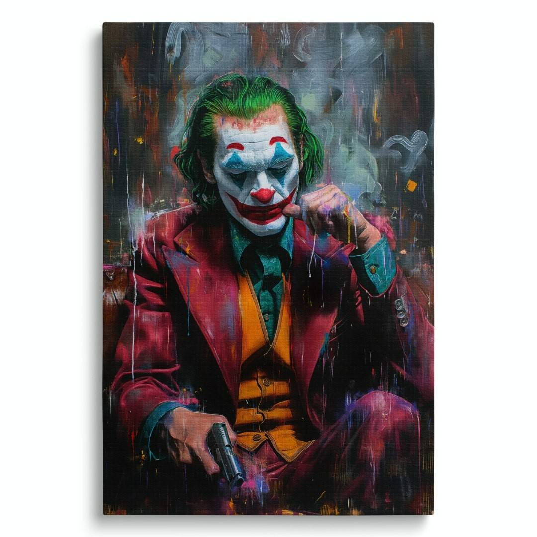 stampa su tela contemporanea pop art di joker pensieroso con in mano una pistola, su sfondo bianco