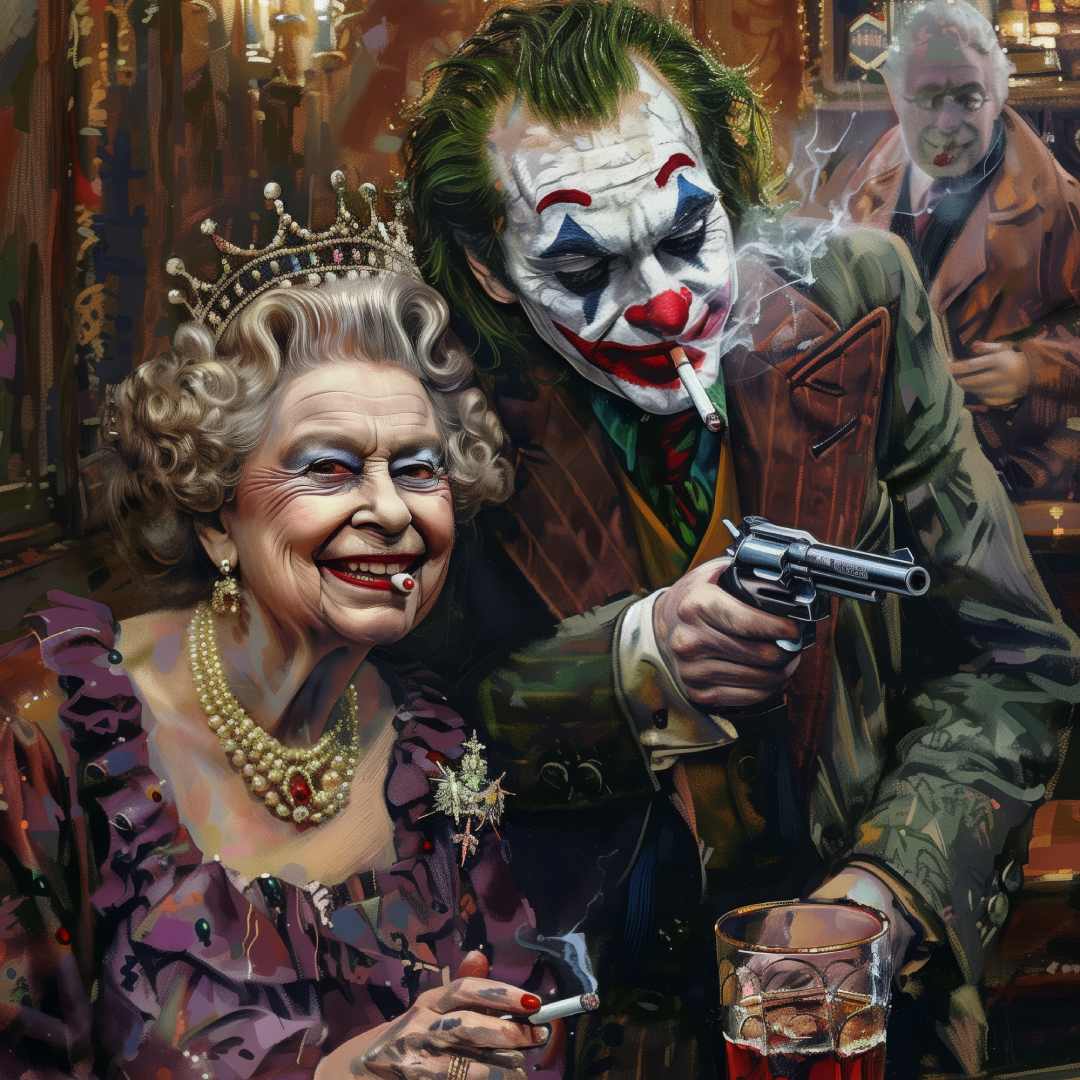 dettaglio ravvicinato di stampa su tela pop art con Joker e la Regina Elisabetta che fumano al bar con pistole e banconote sul tavolo