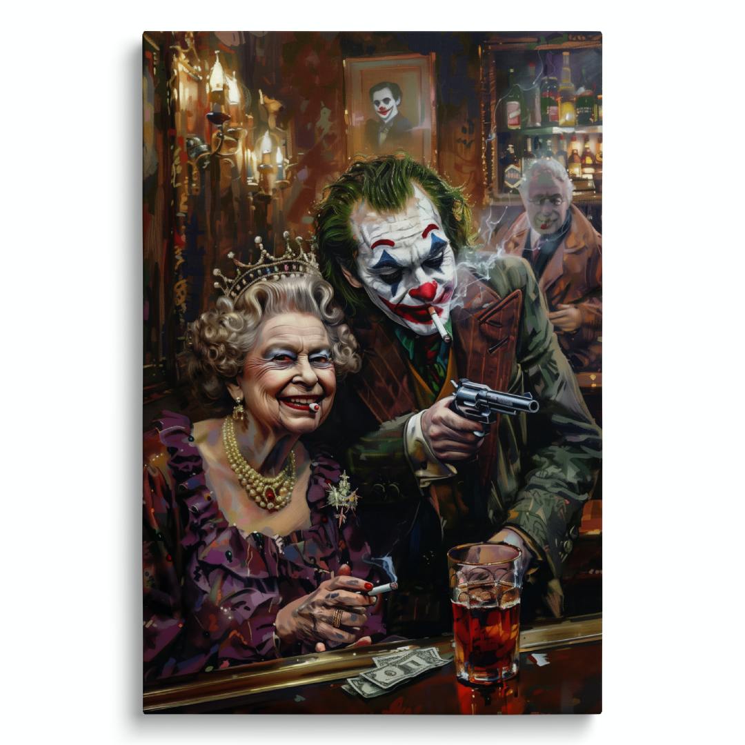 stampa su tela pop art con Joker e la Regina Elisabetta che fumano al bar con pistole e banconote sul tavolo, su sfondo bianco