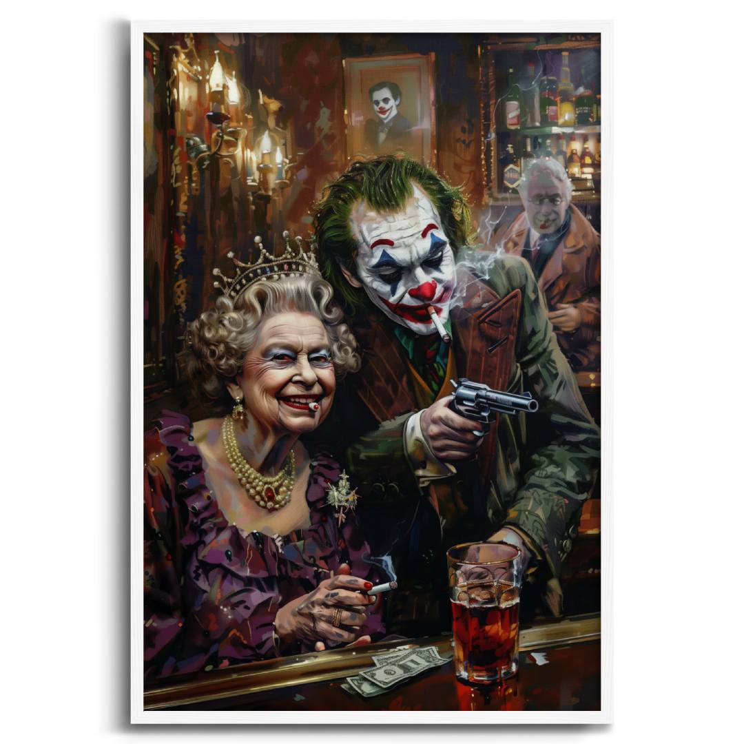 stampa su tela pop art con Joker e la Regina Elisabetta che fumano al bar con pistole e banconote sul tavolo, su sfondo bianco cornice bianca