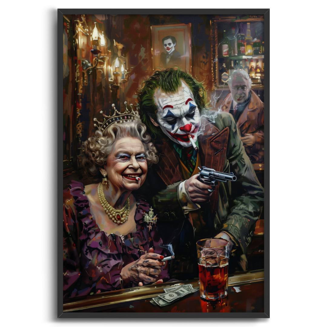 stampa su tela pop art con Joker e la Regina Elisabetta che fumano al bar con pistole e banconote sul tavolo, su sfondo bianco cornice nera